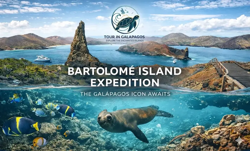 Panoramic view of Pinnacle Rock and Sullivan Bay from the Bartolomé Island summit, Galápagos