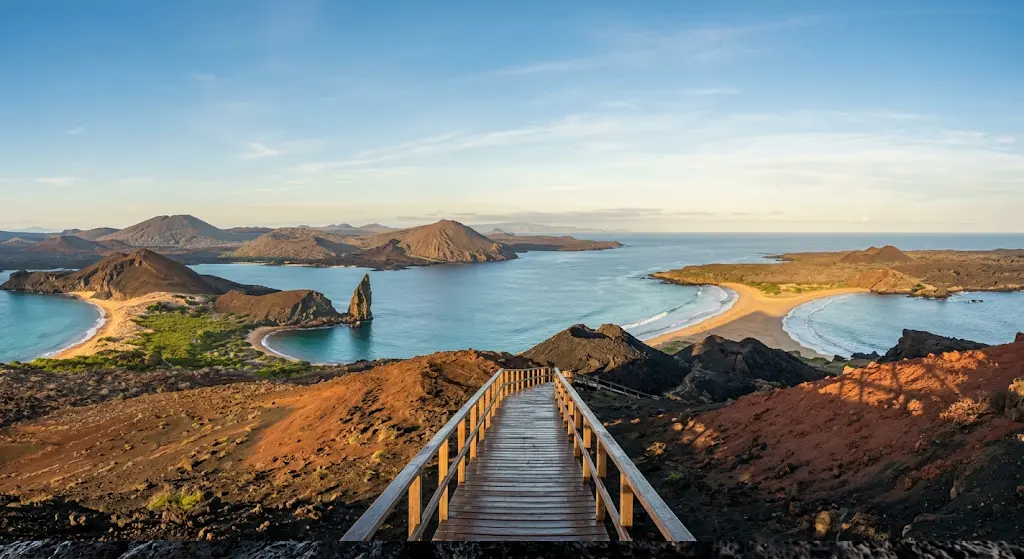 Wide morning view from the wooden summit boardwalk on Bartolomé Island showing Pinnacle Rock, golden beaches, and turquoise waters surrounded by volcanic landscape in the Galápagos Islands.