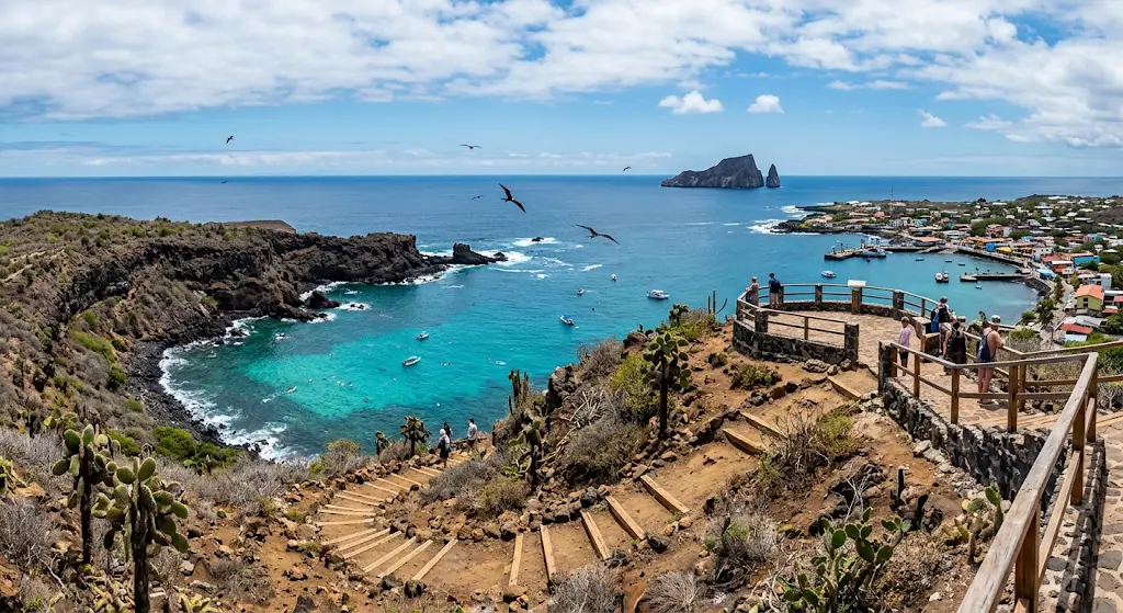 A panoramic view from the Cerro Tijeretas viewpoint on San Cristóbal Island, Galapagos, showing the wooden steps, a turquoise bay with boats and swimmers, frigatebirds flying, a small town on the coast, and the prominent Kicker Rock rock formation in the distance under a blue sky with clouds.