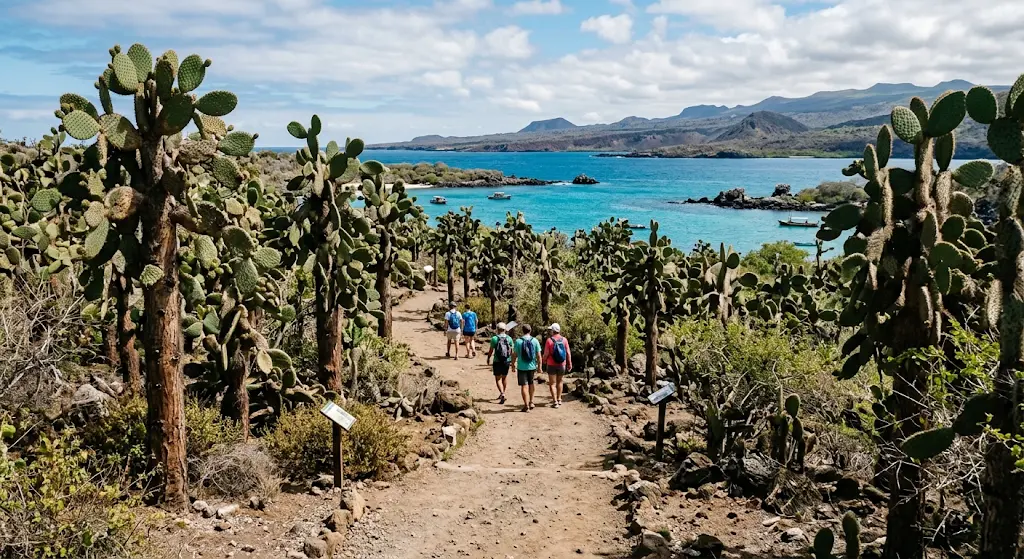 A group of hikers walks along a dirt path surrounded by tall Opuntia cacti, leading toward a turquoise bay with small boats and distant volcanic hills on Santa Cruz Island, Galapagos.
