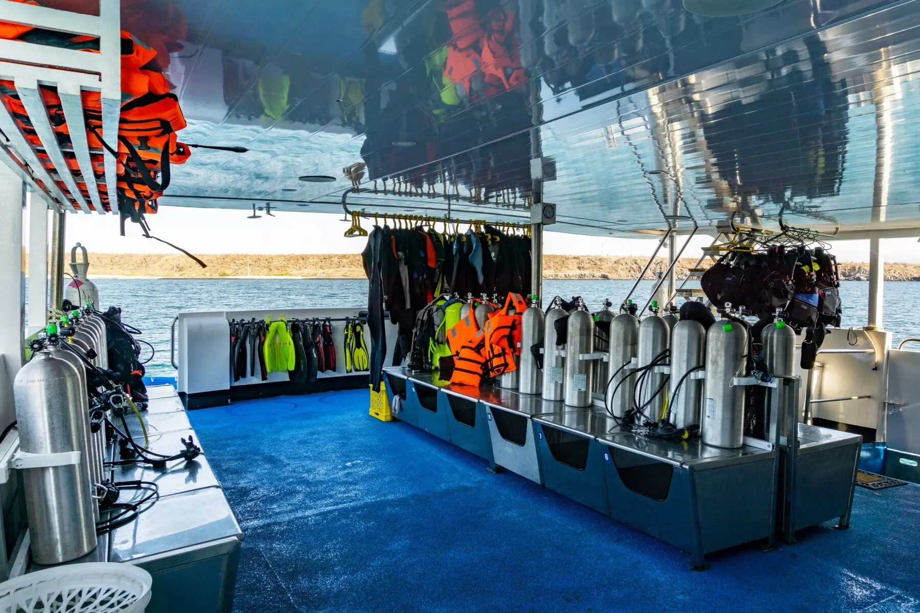 Divers preparing gear on the Calipso dive deck