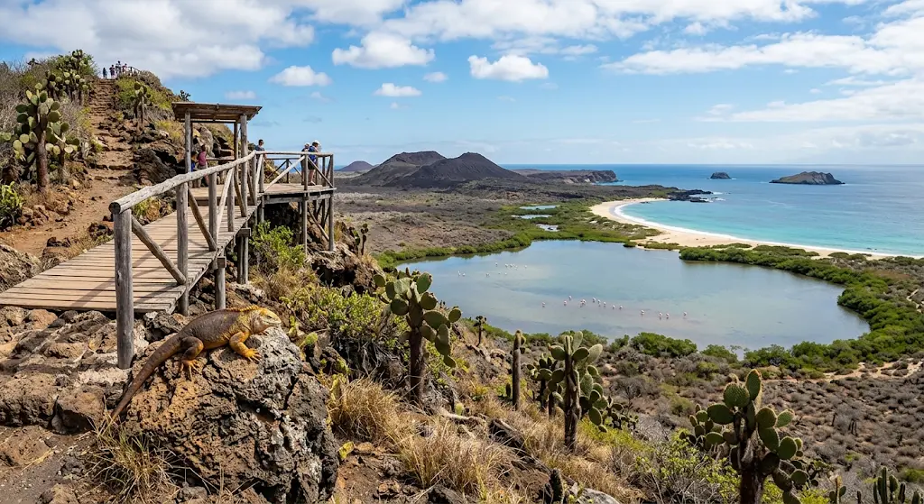 A panoramic view from the wooden and rock trail at the Dragon Hill viewpoint on Santa Cruz Island, Galápagos, featuring a Galápagos land iguana resting on a rock in the foreground. The trail overlooks a valley filled with prickly pear cacti, leading to a lagoon with flamingos and a sandy bay on the Pacific Ocean, with distant islands under a blue sky.