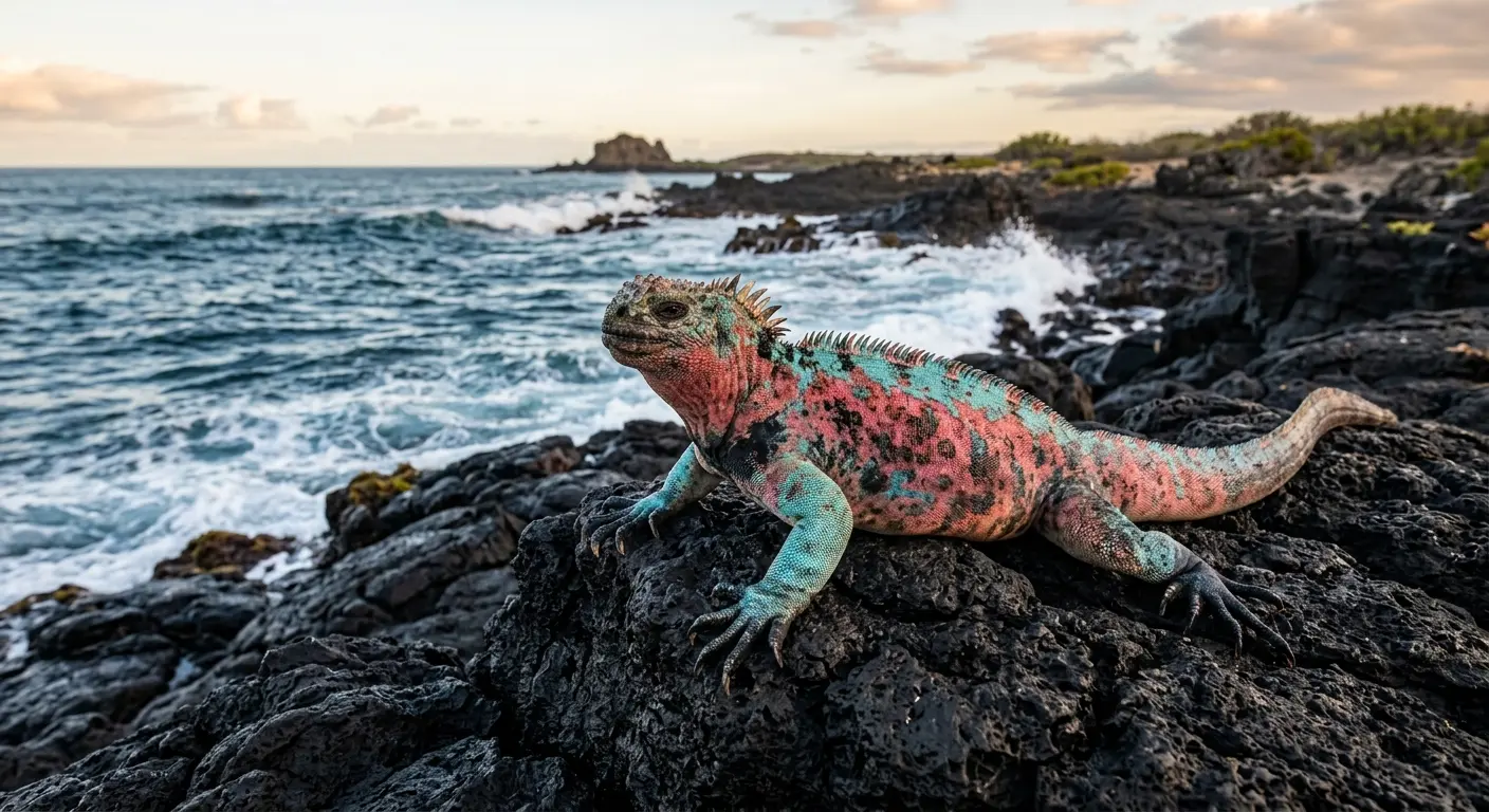 A Galápagos marine iguana with red and turquoise skin resting on black lava rock near the ocean.