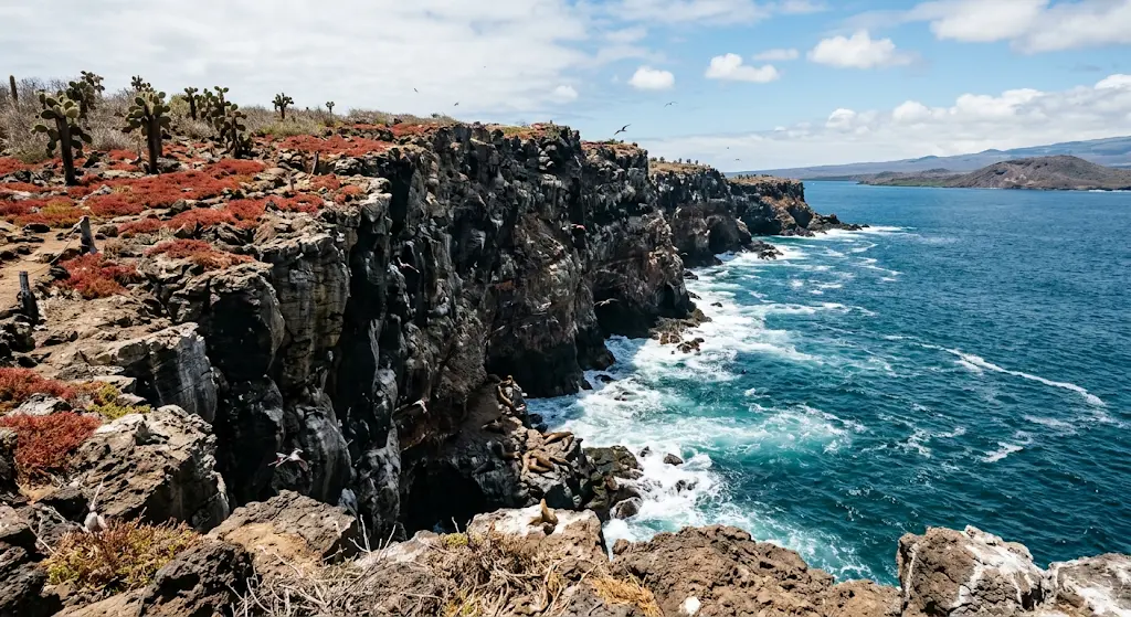 A panoramic landscape view of the steep, dark volcanic cliffs of South Plaza Island in the Galapagos. The cliff top is covered in red Sesuvium vegetation and tall Opuntia cacti, overlooking a turquoise ocean with white foam and a distant island under a partly cloudy blue sky.