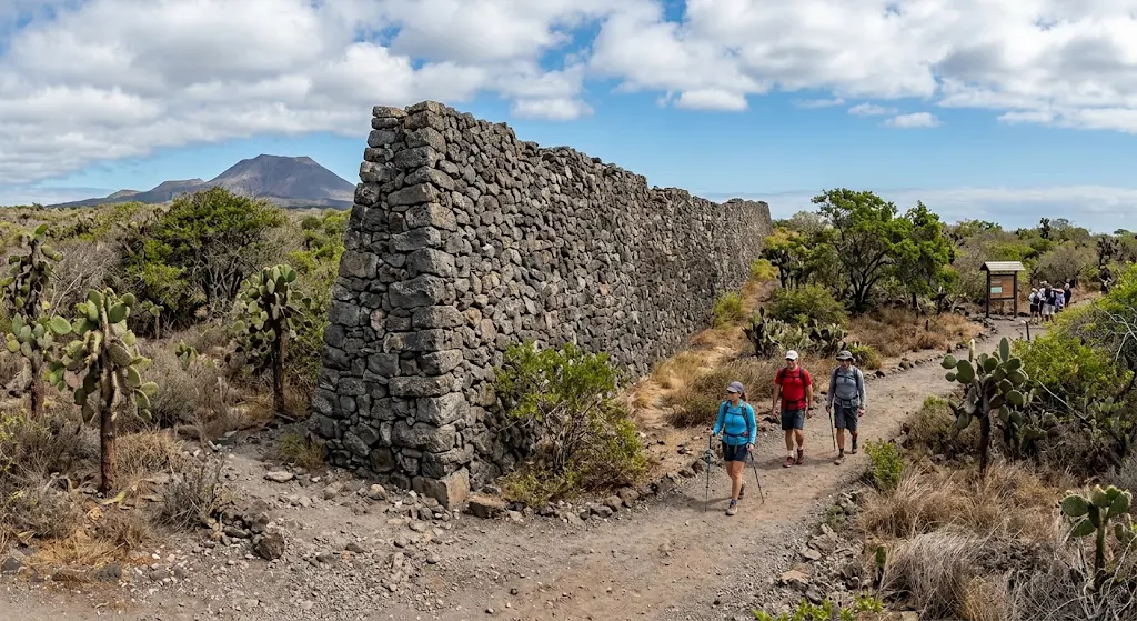 A curved volcanic stone wall running along a dirt trail through a dry landscape filled with giant Opuntia cacti on Isabela Island, Galapagos, with a volcanic peak visible under a partly cloudy sky in the background.