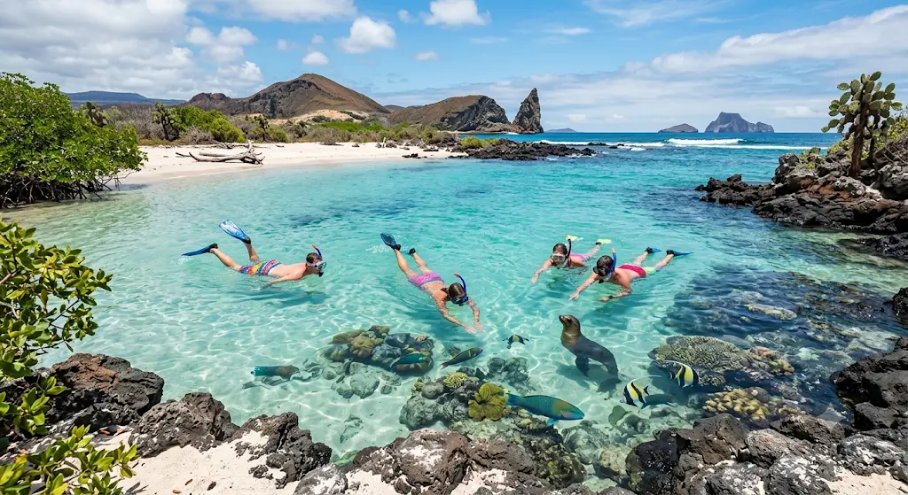 A dynamic photograph captures several snorkelers swimming and exploring colorful coral reefs and marine life, including sea lions and fish, in a turquoise bay at a pristine Galápagos beach on a sunny day