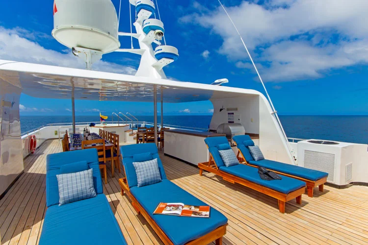 Sun deck of the Calipso with island views