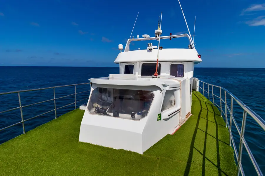 Danubio Azul cabin interior showing storage space for dive bags and gear