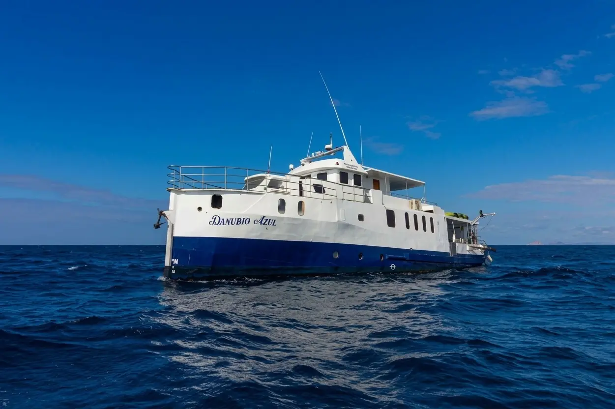 Danubio Azul dive liveaboard vessel anchored in the Galapagos Islands