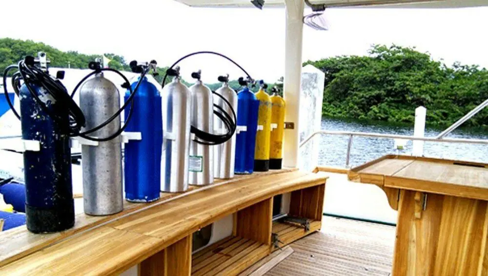 Dive deck of the Nortada with tanks