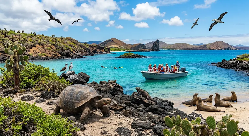 A giant Galapagos tortoise in the foreground with sea lions, marine iguanas, and a tour boat with excursionists in a turquoise bay surrounded by volcanic rocks