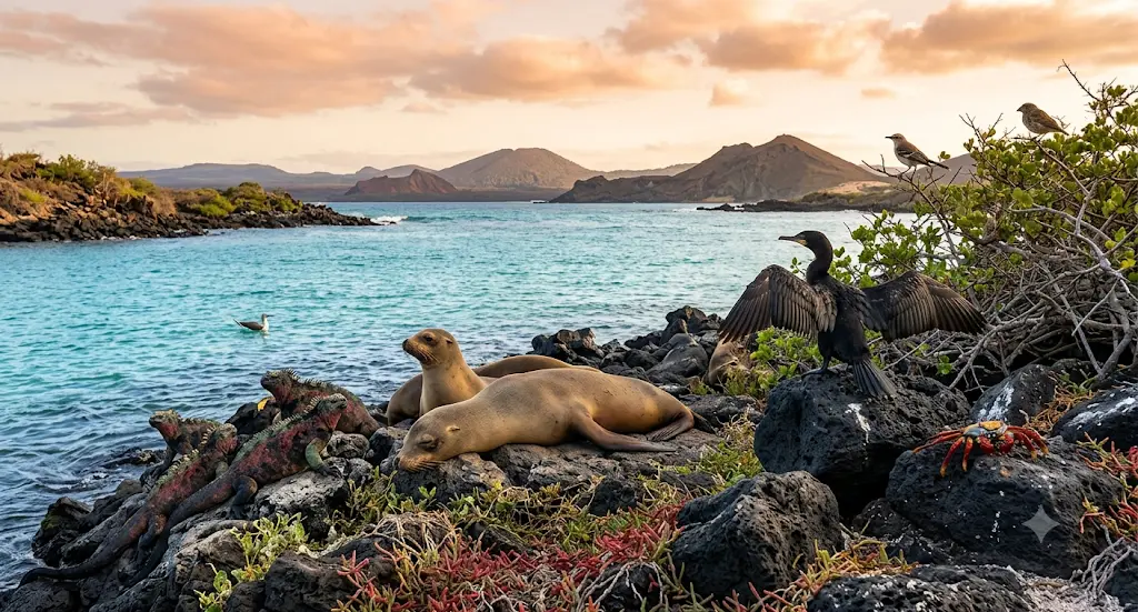 Galapagos Islands wildlife field guide featuring native animals on volcanic rocks