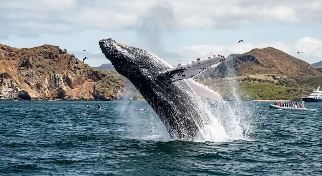 Humpback whale breaching out of the water in the Galapagos Islands with a volcanic landscape in the background