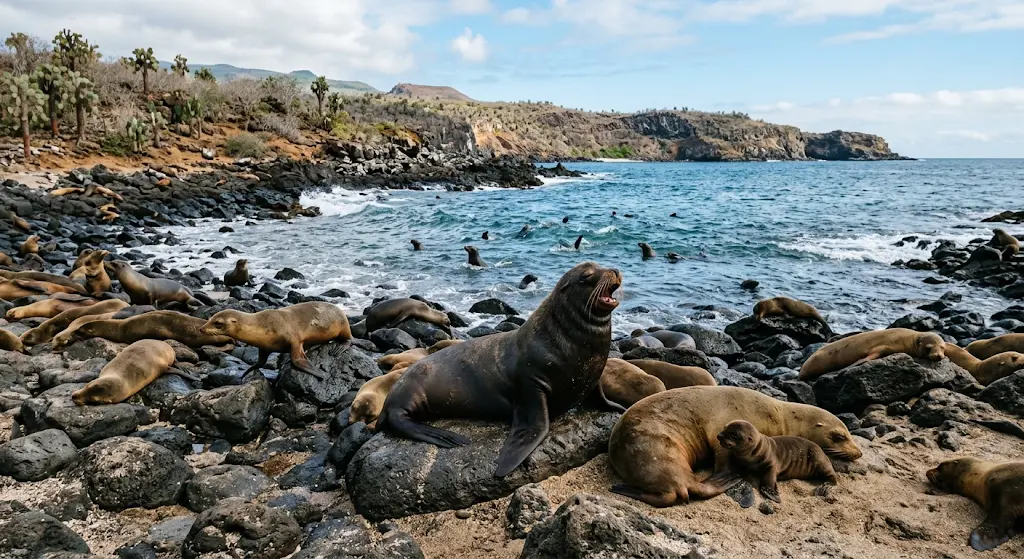 A group of Galapagos sea lions resting and playing on a dark volcanic rock beach along the ocean shoreline
