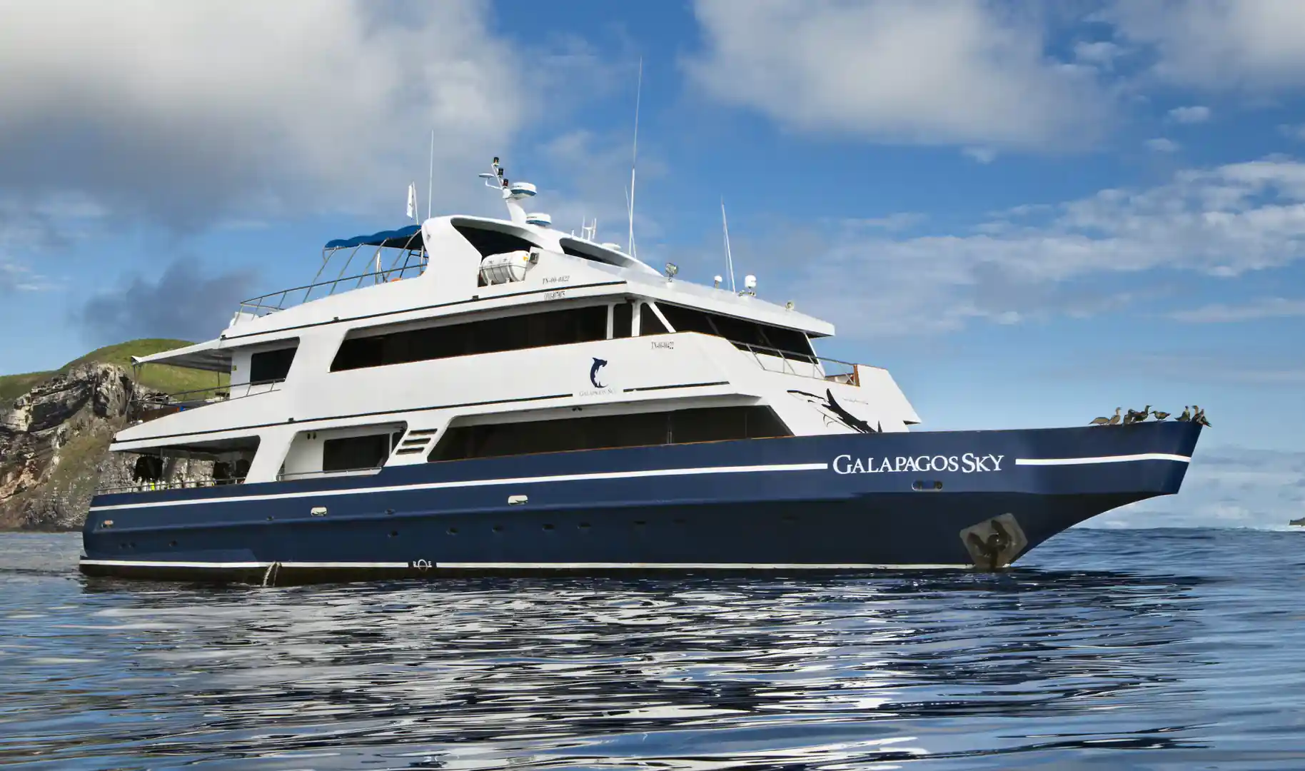 Galapagos Sky dive liveaboard anchored in the Galapagos Islands