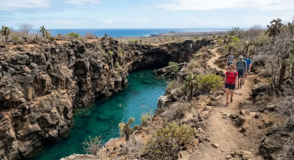 A group of hikers walks along a dirt trail bordering the deep volcanic canyon of Las Grietas on Santa Cruz Island, Galapagos, with swimmers visible in the turquoise water below and the Pacific Ocean on the horizon.