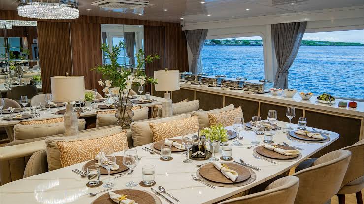 Dining on board the Monique catamaran