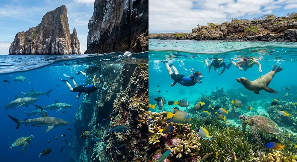 Split image comparing two snorkeling experiences in the Galapagos: on the left, deep open waters next to the iconic rock walls of Kicker Rock surrounded by Galapagos sharks; on the right, shallow, crystal-clear turquoise waters at Pinzon Island with sea lions, sea turtles, and colorful tropical fish.