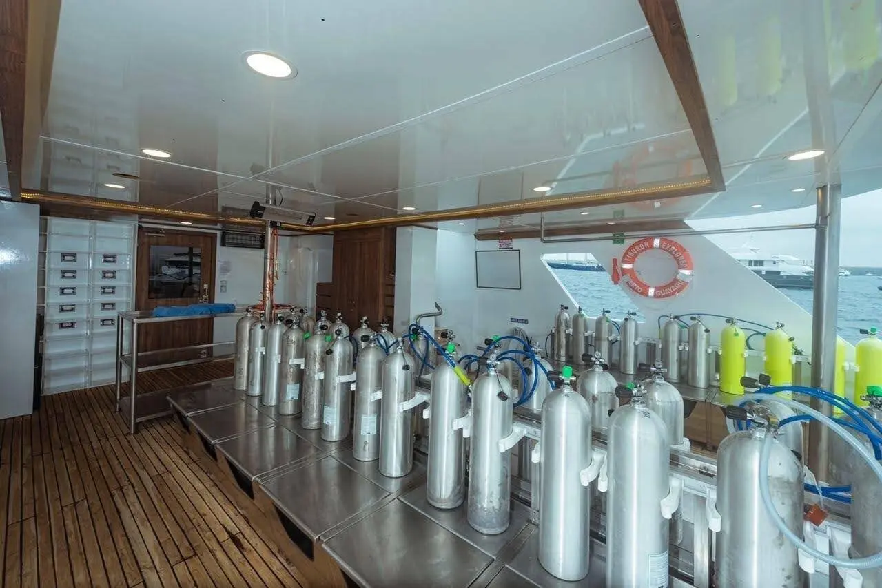 Scuba divers gearing up on the spacious dive deck of the Tiburon Explorer