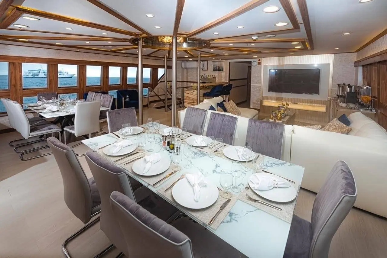 Interior view of a Tiburon Explorer cabin showing luggage and gear storage