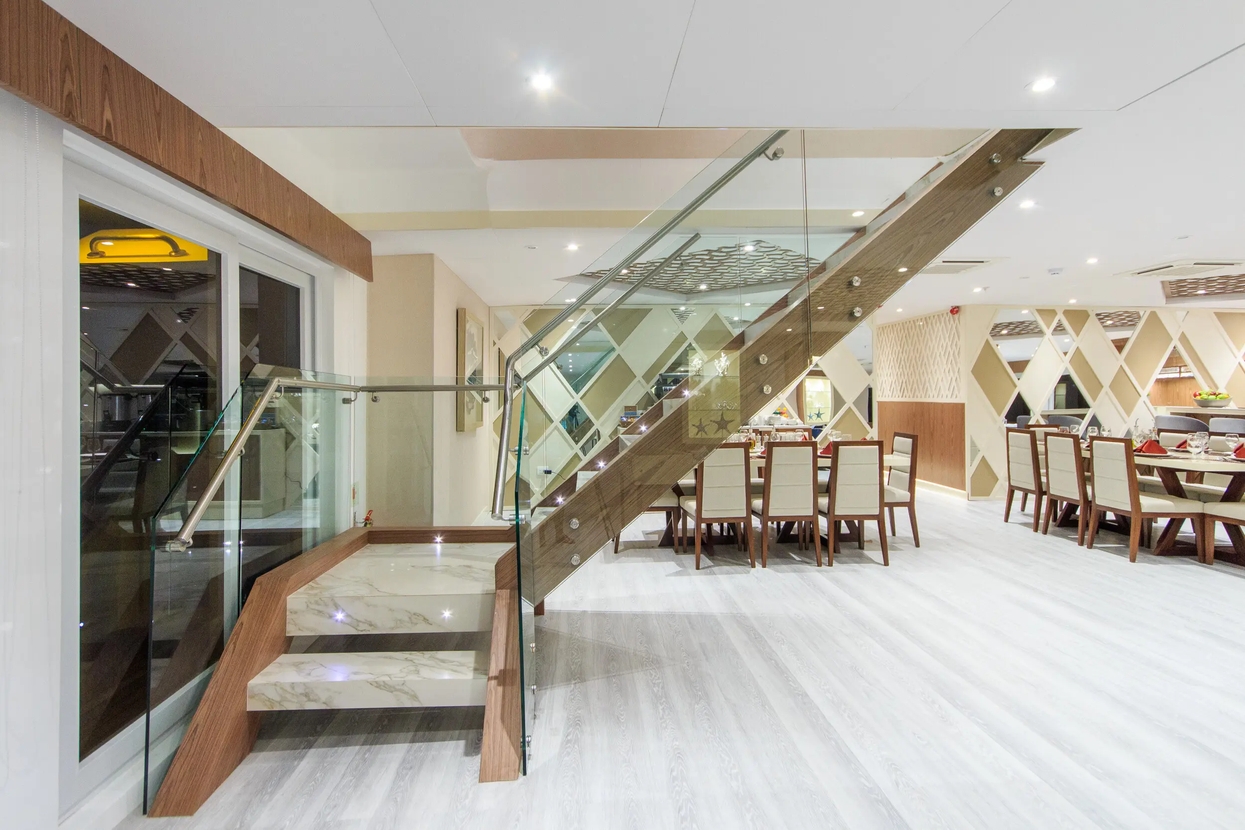 Interior stairway on the Elite catamaran