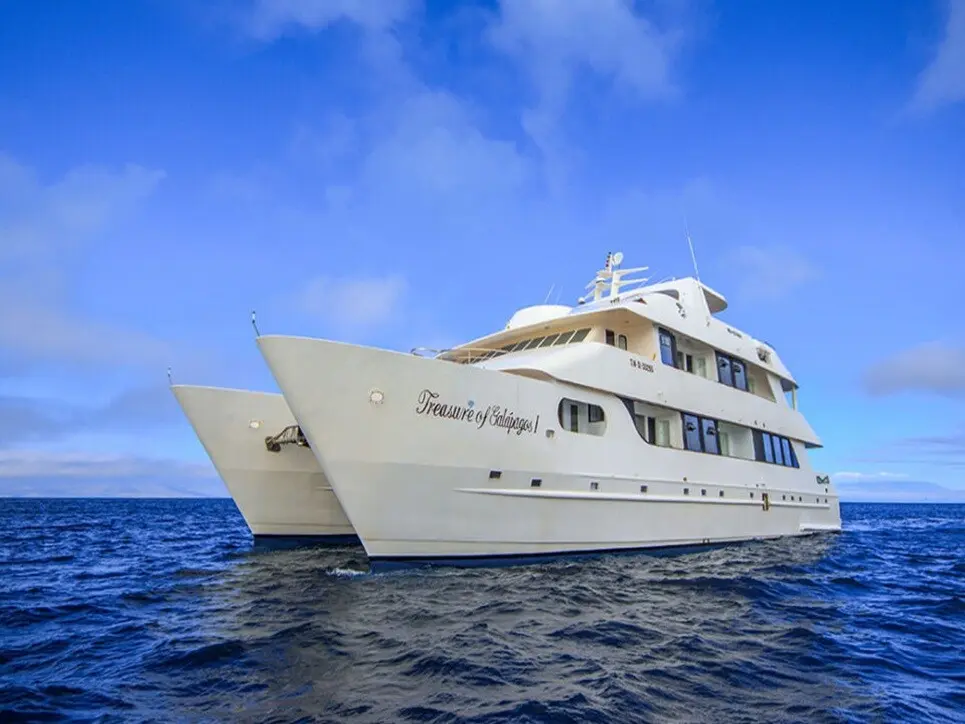 The Treasure catamaran at anchor in the Galapagos