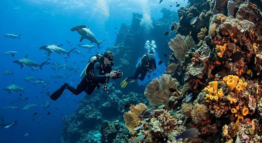 Scuba divers exploring the underwater coral reefs of Darwin and Wolf Islands in the Galapagos, surrounded by a large school of hammerhead sharks and marine life