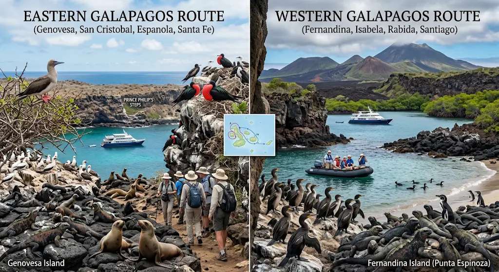 Side-by-side comparison of Eastern and Western Galapagos cruise routes, showing red-footed boobies and sea lions in Genovesa versus marine iguanas, penguins, and volcanic scenery in Fernandina