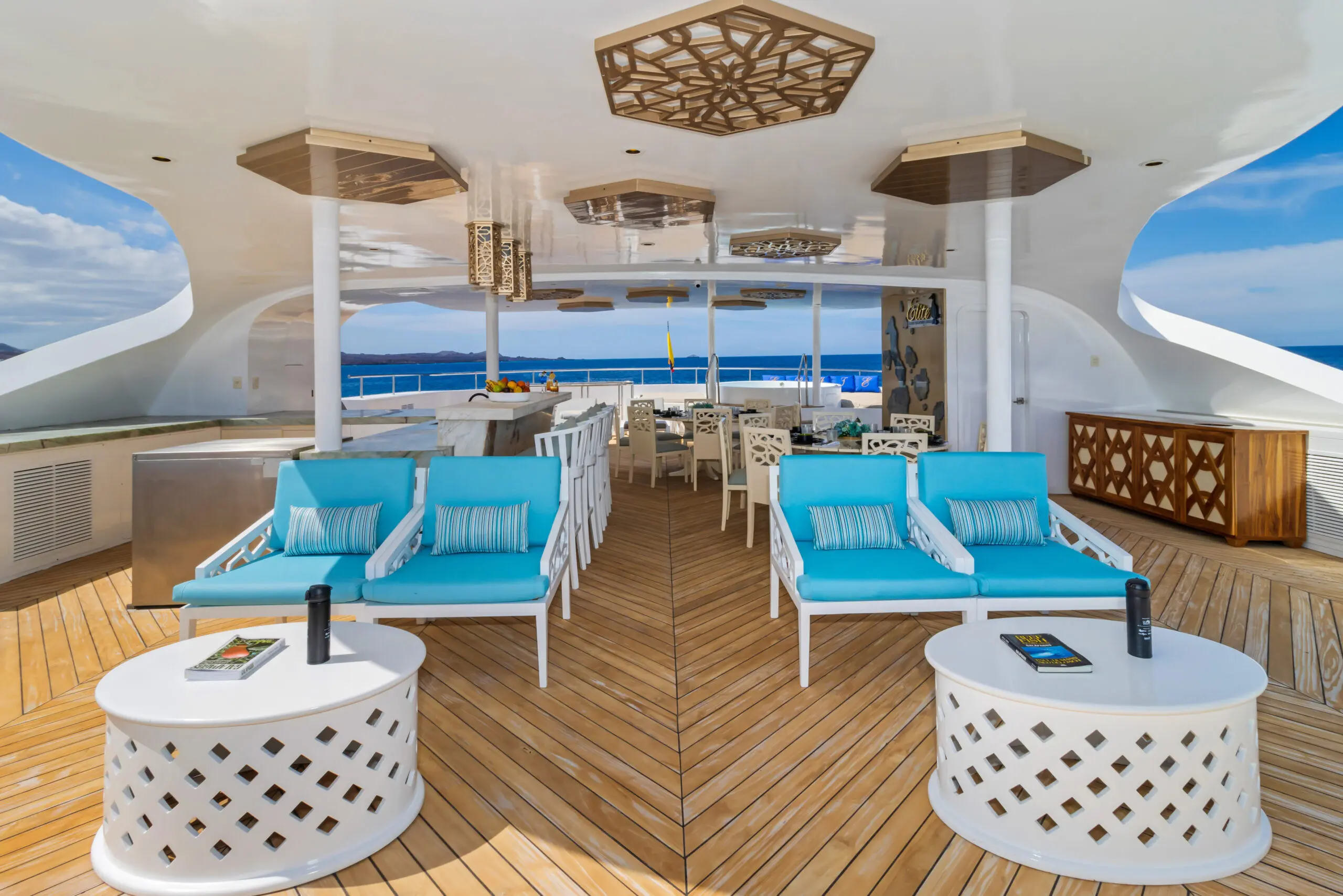The Elite catamaran at anchor in the Galapagos