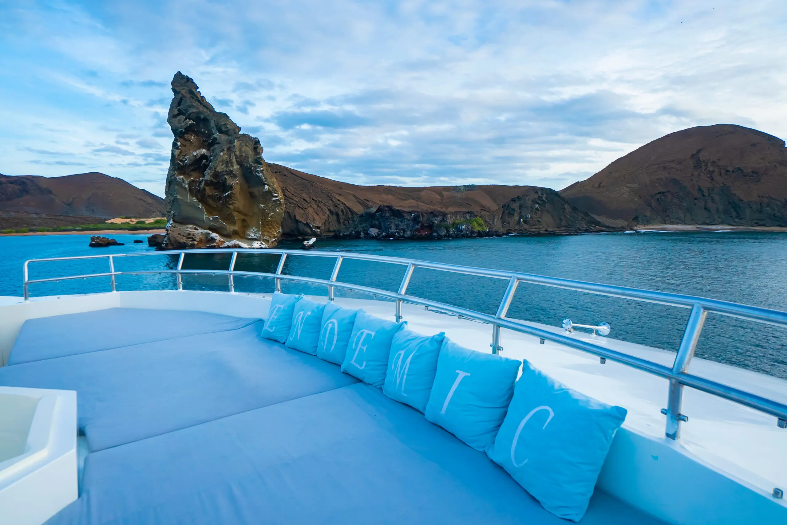 The Endemic catamaran at anchor in the Galapagos