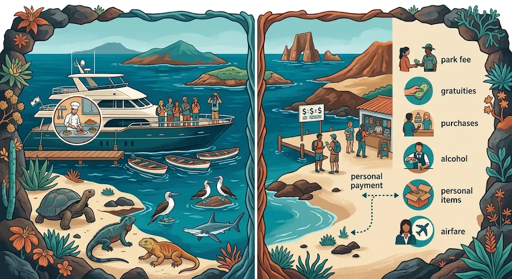 A detailed infographic comparison showing 'What You Pay' for a Galapagos naturalist cruise (left) with a yacht, guide, meals, and wildlife, versus 'What The Price Excludes' (right) with a list of icons for park fees, gratuities, purchases, alcohol, personal items, and airfare.