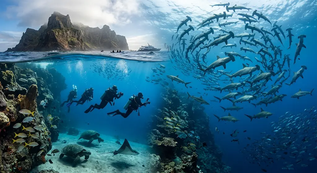 Scuba divers exploring a deep reef next to a massive school of hammerhead sharks at Darwin and Wolf Islands in Galapagos.