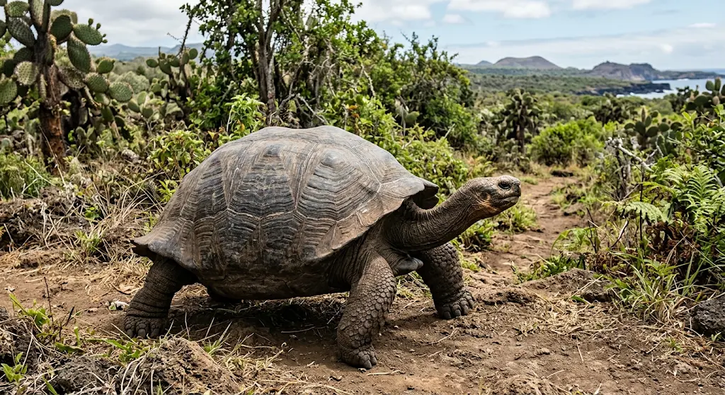 A Galapagos giant tortoise walking through its natural habitat with volcanic landscape and cacti in the background
