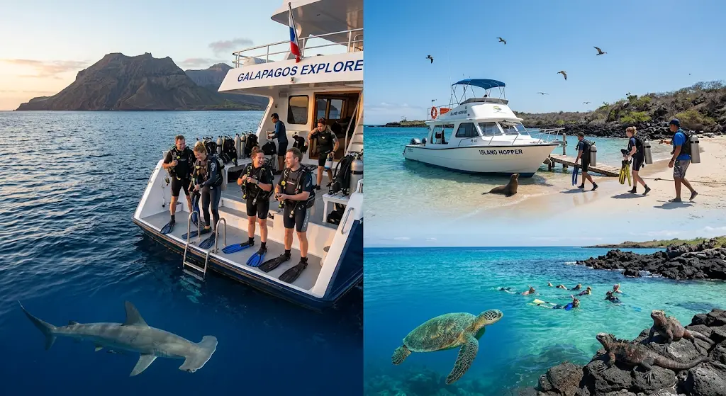 Split composition comparing liveaboard diving on a yacht in deep waters with a hammerhead shark on the left, and day trip diving from a boat near the shore with sea turtles and marine iguanas on the right in the Galapagos Islands.