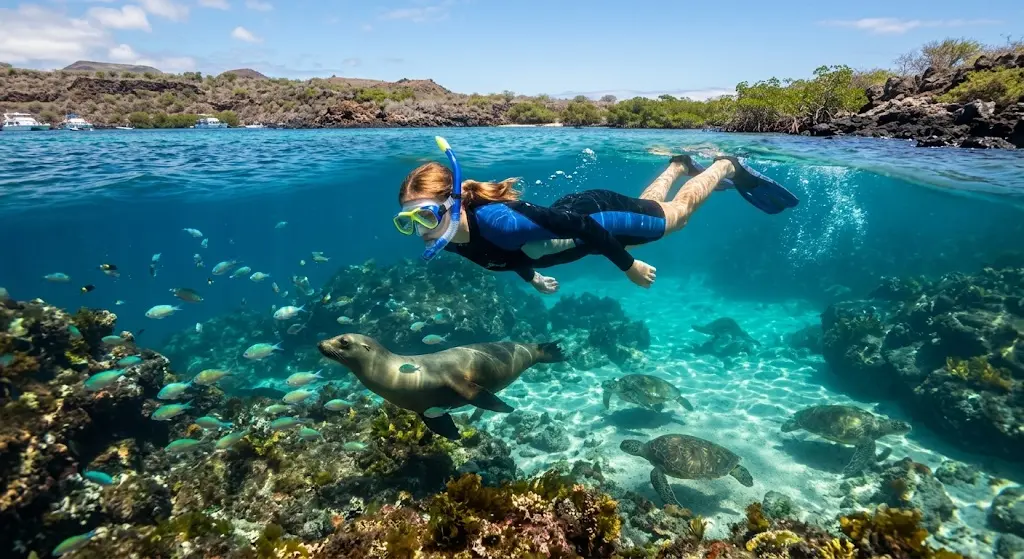 Curious sea lion and sea turtles swimming alongside a snorkeler in September in the Galapagos Islands