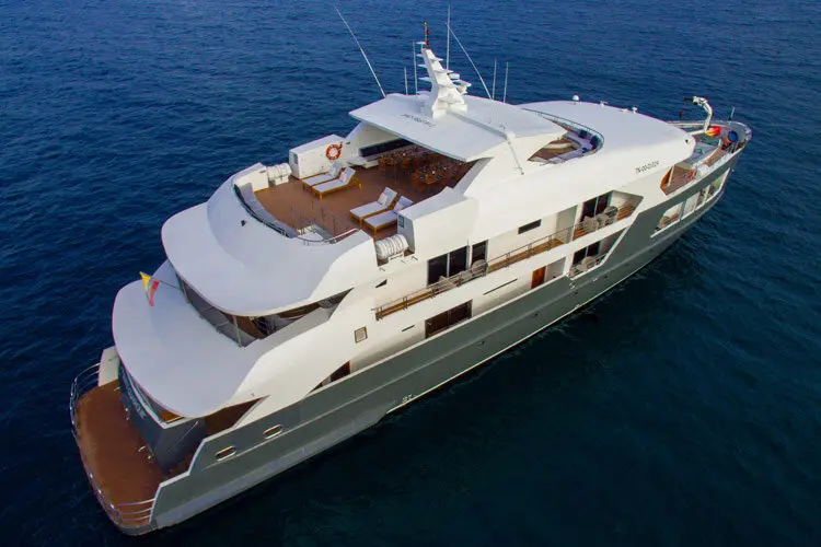 Aerial view of the Infinity yacht in the Galapagos