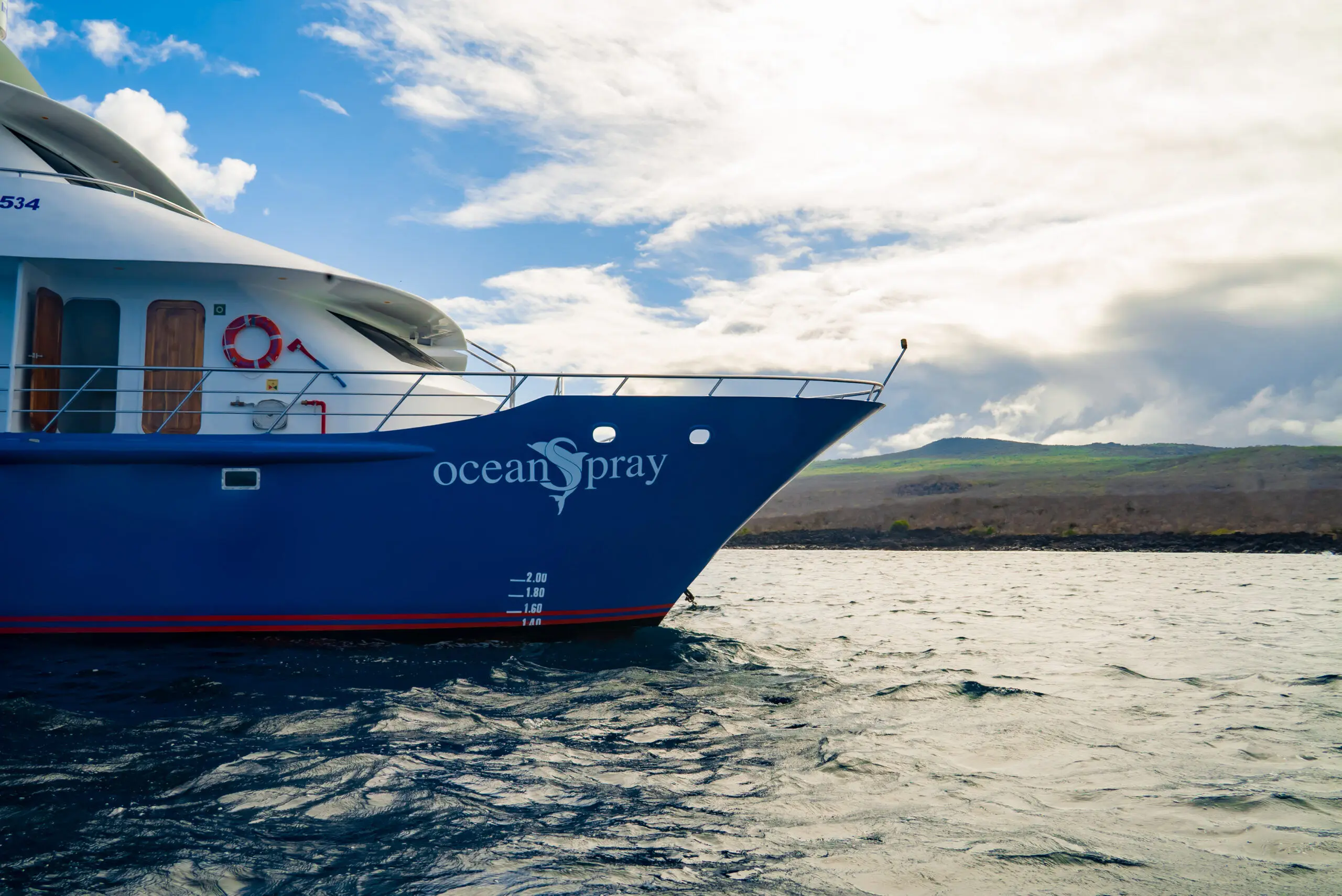 The Ocean Spray catamaran at anchor in the Galapagos