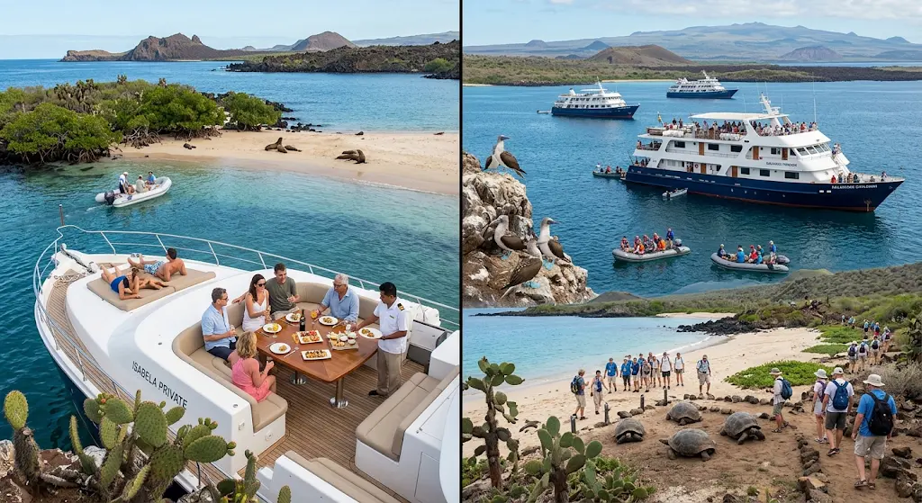 Split image comparing a private luxury yacht charter with a small group relaxed on deck on the left, and a larger group cruise ship with multiple tourists exploring Galápagos beaches and wildlife on the right.