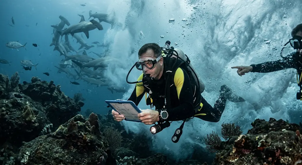 An underwater photo shows a scuba diver in yellow-and-black gear holding a data slate and a flashlight. The diver is focused on logging information, while behind them, a dramatic, swirling vortex of hammerhead sharks fills the distance over a coral reef. The water on the right is turbulent with bubbles. Another partially seen diver is in the background.